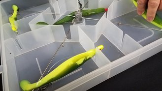 Detail of hybrid bass umbrella rig storage tackle box